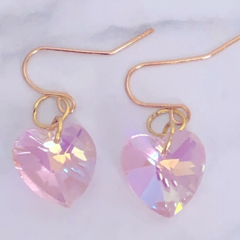 New Pastel Pink Sparkling Crystal AB Dangle Drop Heart Earrings Handmade Gifts